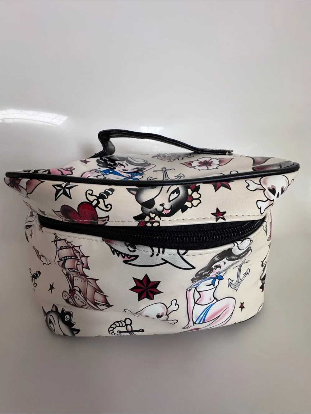 Fluff Tattoo Print Train Case Y2K Pin Up Skull Ship Nautical Makeup Cosmetic Bag